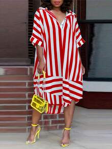 Plus Size Striped Print Short Front Long Back Casual Summer Dress