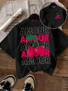 Maweii Plus Size Crew Neck Short Sleeve Letter Print Casual Summer Top, Everyday Wear - Black - View 1