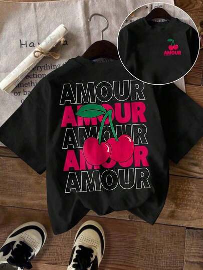 Camiseta Casual de Verano de Manga Corta con Cuello Redondo y Estampado de Slogan y Copa de Vino para Mujeres de Talla Grande Maweii