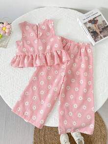 2pcs Girls Daisy Print Plaid Top And Pants Set, Summer - Pink - View 3