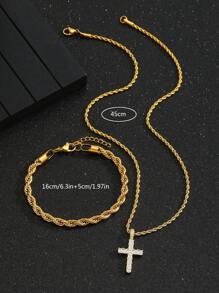2pcs/Set Exquisite Sparkling Pave Zirconia Cross Pendant Stainless Steel Twisted Rope Chain Necklace & Bracelet For Boys Girls Punk Hip Hop Street Party Accessory Gift For Daily Life Fine Jewelry
