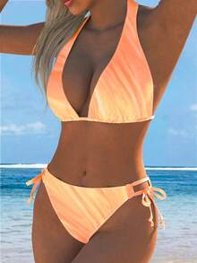 European And American Fashion Backless Bikini 2 Pieces Set, Pink Gradient Colorful Print Swimsuit, Summer Beach Essential - Orange - View 2