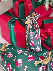 50pcs Drawstring Gift Bags With Ribbon, Green Plastic Candy And Cookie Packaging, Suitable For Holiday Decoration And Party Supplies, Gift Pattern, Gift Packaging Bags, Candy Packaging Bags Small Business Supplies, Christmas Gifts - Multicolor - View 4