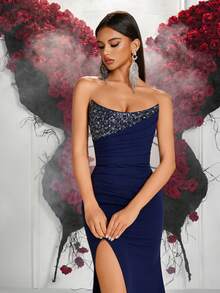 ADYCE 女士优雅无肩带钻石装饰褶皱高腰开衩露背系带长款派对礼服，适合舞会、生日派对、正式晚宴、返校节、婚礼宾客、盛大晚宴、家庭聚会等场合。 - 藏蓝色 - 查看 9