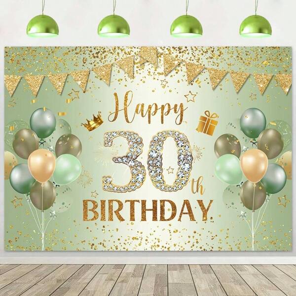 Fondo de 30th cumpleaños, fondo plano 2D verde salvia, pancarta decorativa de 30th cumpleaños con brillo verde dorado, suministros de fiesta de 30th cumpleaños feliz, accesorios de fotografía