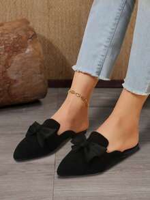Zapatos planos casuales sin cordones con lazo puntiagudo de color sólido para mujer, suaves y cómodos, adecuados para primavera, verano y otoño. - Negro - Ver 2