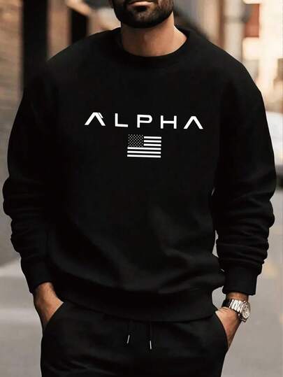 Plus Size Men's Casual Round Neck Sweatshirt, Text & Graphic Print, Urban Street Style, Suitable For Casual, Sports, Weekends, Spring, Summer, Autumn, Winter
