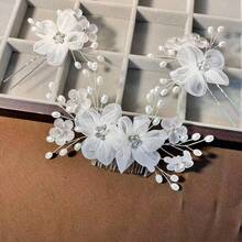 三件套全新白色花卉婚纱，含发饰、珍珠水钻发梳、丝绸花朵镶嵌发梳套装，珍珠水钻发梳头饰 - 白色 - 查看 6