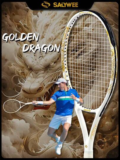 SALYWEE [Goldener Drache] Kohlefaser Tennisschläger | 50-60lbs Bespannung G2 Griff | Chinesischer Drachen Kunst Schwarz/Weiß Stil | Ausgewogene Kontrolle & Kraft | Kulturelles Design Schläger | Gratis Griff & Tasche