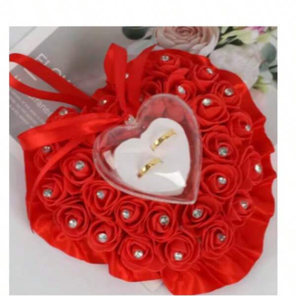 Romantic Wedding Ring Pillow Lvory Satin Crystal Ring Bearer Pillow Cushion Heart Shape For Engagement Propose Marriage Decor
