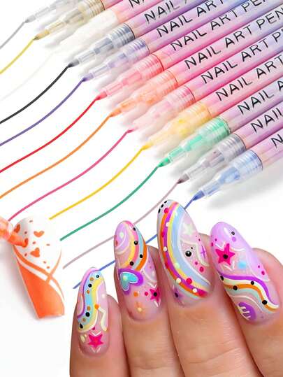 12pcs/Set Nail Doodle Pen, 0.7mm Acrylic Paint Pen, Nail Art Graffiti Pen Lines Waterproof Nail Paint DIY Quick Drying Dot Stitching Pen, Precision 3D Nail Marker Drawing, Quick Drying, Suitable For Home And Salon DIY, Details And Long-Lasting Design