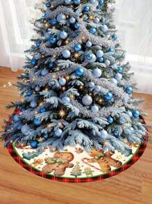 Fustă de brad de Crăciun, model drăguț cu omuleț de turtă dulce și garnitură în carouri roșii, pânză decorativă pentru brad de Crăciun, decor pentru casă pentru petrecerea de Crăciun