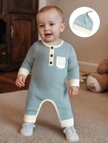 Baby Boy Fall Romper Contrast Color Ribbed Long Sleeve Round Neck Full Length Jumpsuit With Hat Newborn Fall Clothes - Sky Blue - View 2