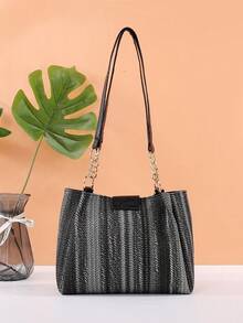 Fashionable Striped Handbag - Women's Large Capacity Shoulder Bag - Daily Use Lockable Tote Bag With Metal Chain - White - View 3