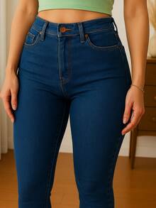 Pantalón skinny de mezclilla para mujer tiro alto – estilo entallado y moldeador - Azul oscuro - Ver 2