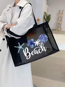 1pc/2pcs Set Breathable Beach Mesh Tote Bag, Beach Vacation Patchwork Design, Ocean, Starfish, Pearl Print & Letter Pattern, Large Capacity Mesh Tote Bag, Multifunctional Large Capacity Polyester Mesh Shoulder Tote Bag And Cosmetic Bag Set - Beach Vacation Storage & Shopping - Suitable For Teenage Girls And Women - Black - View 7
