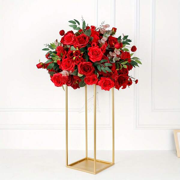 1pc,Classic Geometric Shape Golden Flower Stand Wedding Decoration Center Piece, Used For Weddings, Home Decoration And Events. Square Flower Stand For Indoor And Outdoor Elegant Flower Display. Home And Event Decoration Flower Stand With Multiple Components.