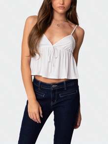 Womens V-Neck Babydoll Tank Top Summer Front Tie Crop Tops Solid Color Slim Camisole Spaghetti Strap Cami Tops Casaul Open Back Blouse For Streetwear Going Out Outfit - 白色 - 查看 1