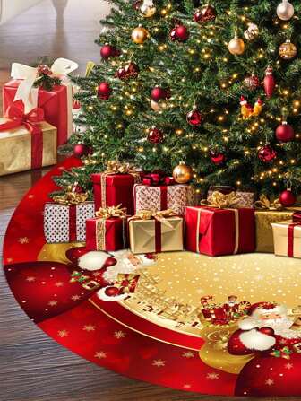Christmas Tree Skirt With Santa Claus Cartoon Pattern, Red And Gold Alternating, Decorated With Snowflakes, Gifts And Ornaments, Suitable For Holiday Family Gatherings, Christmas Parties, Christmas Tree Decorations