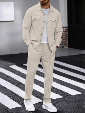 2pcs Men's Casual Solid Color Shirt With Dual Pockets & Collar + Pants Set, Lightweight Sporty Vacation Outfit, Spring/Autumn