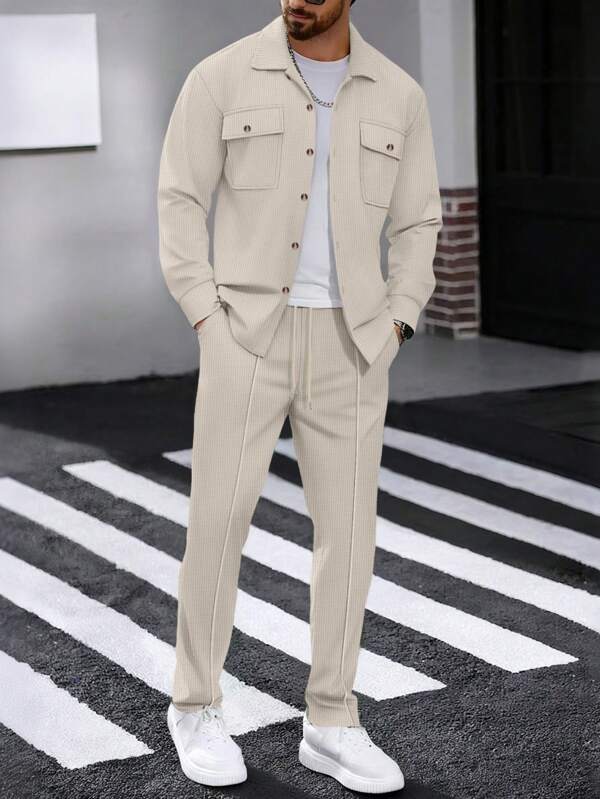 2pcs Men's Casual Solid Color Shirt With Dual Pockets & Collar + Pants Set, Lightweight Sporty Vacation Outfit, Spring/Autumn