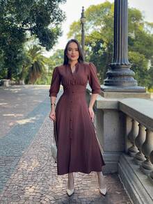 PLAIN MIDI DRESS Button WOMEN'S FASHION Daily - 鏽棕色 - 查看 5