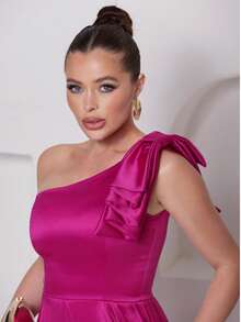 Long Dress For Bridesmaid – One Shoulder With Ruffle And Slit Elegant Simple Elegant Party Satin Side Opening Zipper Pleated Bridesmaid Civil Wedding Debutante Graduate Formal And Evening - 玫瑰紅 - 查看 8