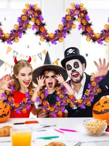 Decoraciones de Halloween, Guirnalda de Halloween de 2 metros con calabaza naranja, araña negra y murciélago morado, guirnalda de metal brillante retorcida para decoración del hogar, árbol, interior, exterior, fiestas, decoración de otoño