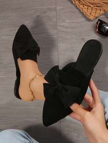 Zapatos planos casuales sin cordones con lazo puntiagudo de color sólido para mujer, suaves y cómodos, adecuados para primavera, verano y otoño. - Negro - Ver 1