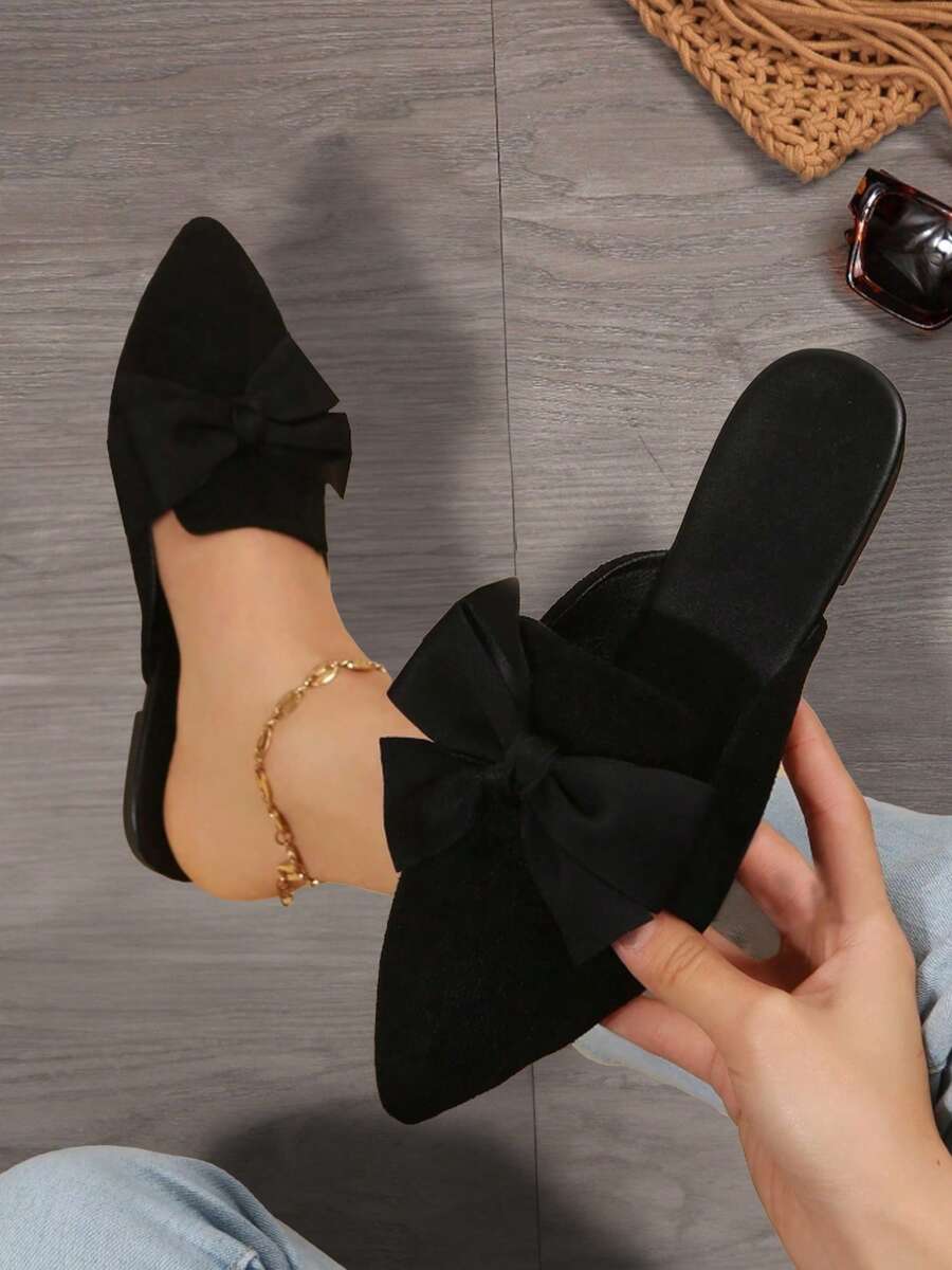 Zapatos planos casuales sin cordones con lazo puntiagudo de color sólido para mujer, suaves y cómodos, adecuados para primavera, verano y otoño. - Negro - Ver 1