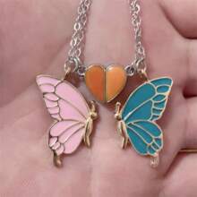2 Stücke/Set leuchtender Schmetterling Herz Anhänger Halskette, Retro Paar/BFF/Valentinstag Geschenk