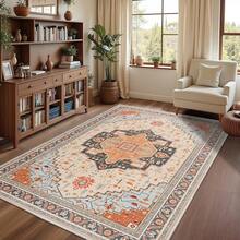 Alfombra de dormitorio de 5 x 7 pulgadas, lavable a máquina, con respaldo antideslizante para sala de estar, alfombra clásica suave, decoración de habitación infantil, azul y beige - Azul y naranja - Ver 8