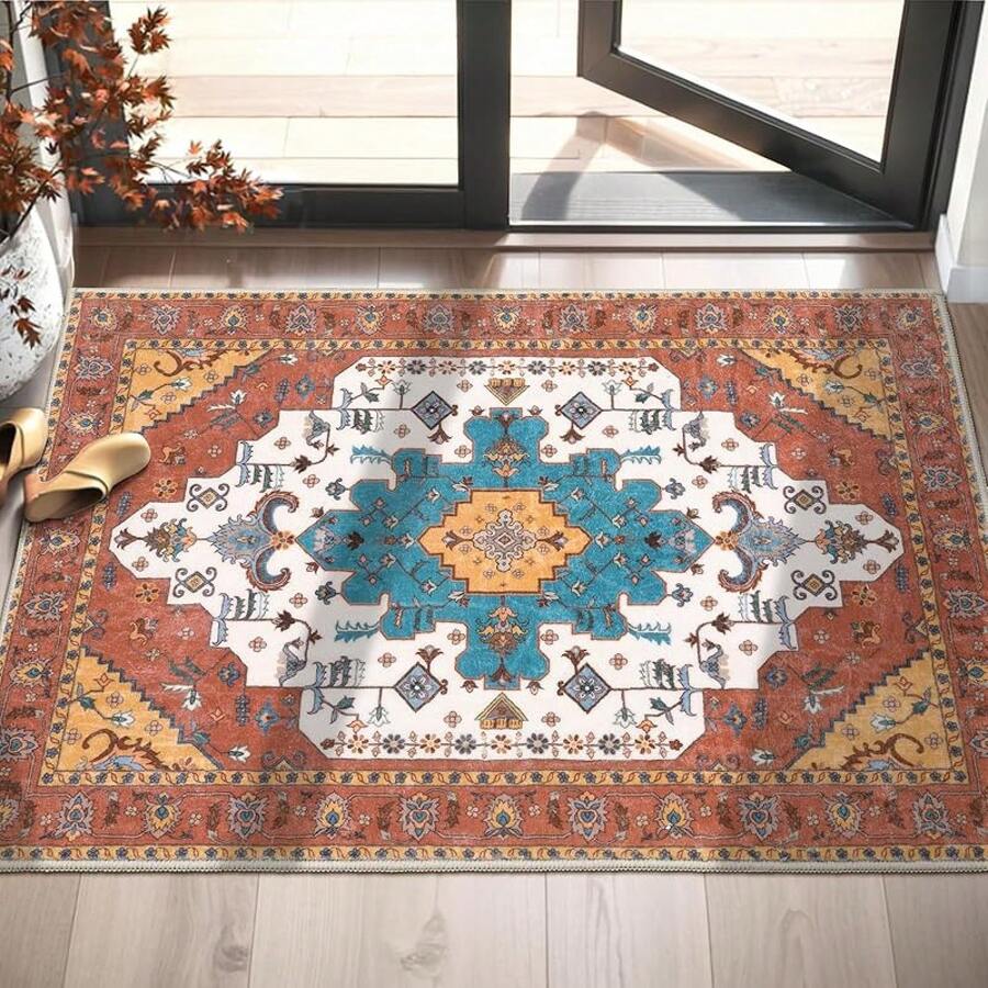 Runner Rug Hallways, 2'6x10' Washable Non Slip Kitchen Runner Rug, Long Boho Vintage Rust Hallway Stair Ultra Soft Print Floor Carpet Bedroom Bathroom Laundry Room, Home Decor - 復古橙 - 查看 1