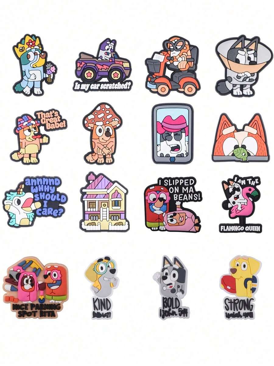 16 Stück/Set Blueys Familie und Freunde süße Schuh Accessoires DIY Clogs Sandalen Accessoires abnehmbare Kawaii Bingo Hund süße Coco Rusty Muffin Schuh Accessoires Party Geschenke Gastgeschenke Party Dekorative Accessoires Stiefel Accessoires Hochzeitsschuhe für Braut Absätze