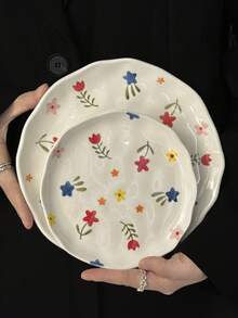 1pc Asymmetrical Ceramic Plate, Hand-Painted Floral Plate, Bread/Dessert/Dinner/Salad/Steak/Pasta/Cake Plate, INS Style