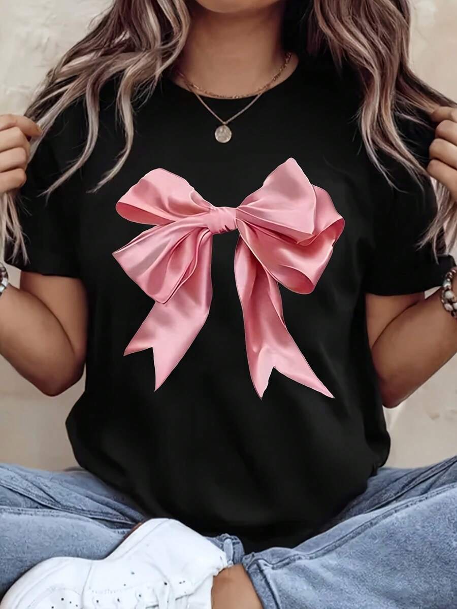 Women's Casual Sleeve Crew Neck T-Shirt - Geometric Butterfly Ribbon Print, Summer Tops, Machine Washable 220G - 黑色 - 查看 1