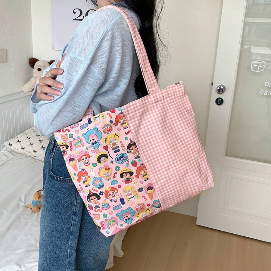 Women Shoulder Bags - 哭泣包-粉格拼接+奶茶小兔 - 查看 1