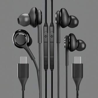 2个/1个 USB-C 入耳式有线耳机 黑色，Type-C 立体声有线耳机，Type-C 接口入耳式有线耳机，兼容三星 Galaxy S25/S24/S23/S22/S21/S20，编织线带麦克风和音量线控的立体声有线耳塞