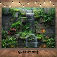 2D Flat Green Wall Waterfall Design Backdrop - Polymer Fabric Photography Background For Indoor & Outdoor Parties, Festivals, Photo Studios & Live Streaming - No Electricity Needed, Waterfall Decor