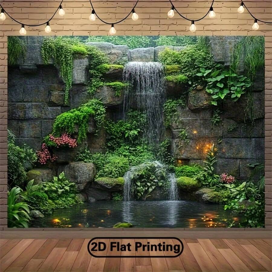 2D Flat Green Wall Waterfall Design Backdrop - Polymer Fabric Photography Background For Indoor & Outdoor Parties, Festivals, Photo Studios & Live Streaming - No Electricity Needed, Waterfall Decor