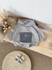 新生男童衣服灯芯绒口袋休闲可爱连帽灰色长袖紧身衣，春秋季 - 深灰色 - 查看 6