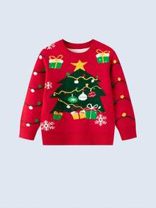 Baby Boys Christmas Tree & Gift Pattern Long Sleeve Sweater, Fashionable & Versatile, Suitable For 1st Birthday Party, Christmas Party - Red - View 4