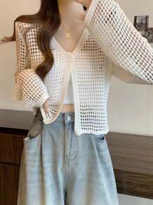 1pc Short Hollow Out Single Button Lightweight Mesh Knit Cardigan For Women, Thin Shawl Outerwear To Pair With Camisole Tops, Summer