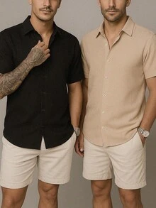 Kit Of 2 Men's Short Sleeve Linen Shirts, Fresh Viscolinho, Social Fashion, Elegant Italian Collar, Old Money - Đen/Nâu - Xem 1