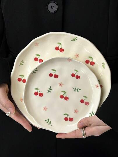 1pc Ins-Style Handpainted Asymmetrical Ceramic Plate, Cute Cartoon Cherry Heart Plate, Dessert Snack Dish, Afternoon Tea Cake Plate, Western Dinnerware, Steak Pasta Plate, Fruit Salad Plate, Holiday Gift For Family & Friends