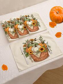 4 piezas/6 piezas/60 piezas Manteles decorativos de otoño, calabaza, girasol, hoja, coche, lazo, manteles de lino con letras, manteles resistentes a la suciedad, adecuados para el hogar, restaurante, decoración de mesa de comedor, artículos para el hogar - Multicolor - Ver 14