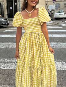 2026春夏新款女士格子优雅波西米亚风休闲泡泡袖荷叶边下摆褶裥黄色连衣裙，适合女士音乐会、街头风、情人节等场合穿着。 - 黃色 - 查看 4