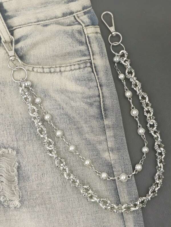 Lanț retro cu perle și craniu pentru pantaloni, la modă pentru bărbați și femei, accesorii de lux pentru talie, lanț multifuncțional cu perle pentru geantă. Două tipuri de perle sunt trimise aleatoriu cu aceeași lungime.
