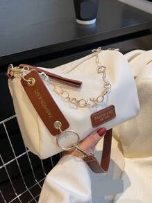 حقيبة كتف دلو ذات لونين، حقيبة كتف من قماش البولي يوريثان مرقعة مزينة بسلسلة معدنية، مناسبة للسفر والتسوق والمواعدة، هدية للنساء، مناسبة للمراهقات وطالبات الجامعة والعمل والأعمال والتنقل، حقيبة يد صغيرة أنيقة وعصرية