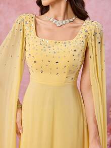 UNITHORSE Women Square Collar Rhinestone & Sequin Sleeve Solid Color Chiffon Evening Party Bridesmaid Dress, Wedding Guest Dress, Formal Dress, Bride Dress, Birthday Women Outfits, Graduation Dress - 淡黃色 - 查看 5